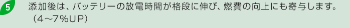 5.添加後は、バッテリーの放電時間が格段に伸び、燃費の向上にも寄与します。　（４～７％ＵＰ）