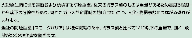 火災発生時に煙を遮断および誘導する防煙垂壁。従来のガラス製のものは重量があるため震度5程度から落下の危険性があり、割れたガラスが避難時の妨げになったり、人災・物損事故につながる恐れがあります。当社の防煙垂壁［スモークバリア］は特殊繊維のため、ガラス製と比べて1/10以下の重量で、割れ・飛散がなく2次災害を防ぎます。